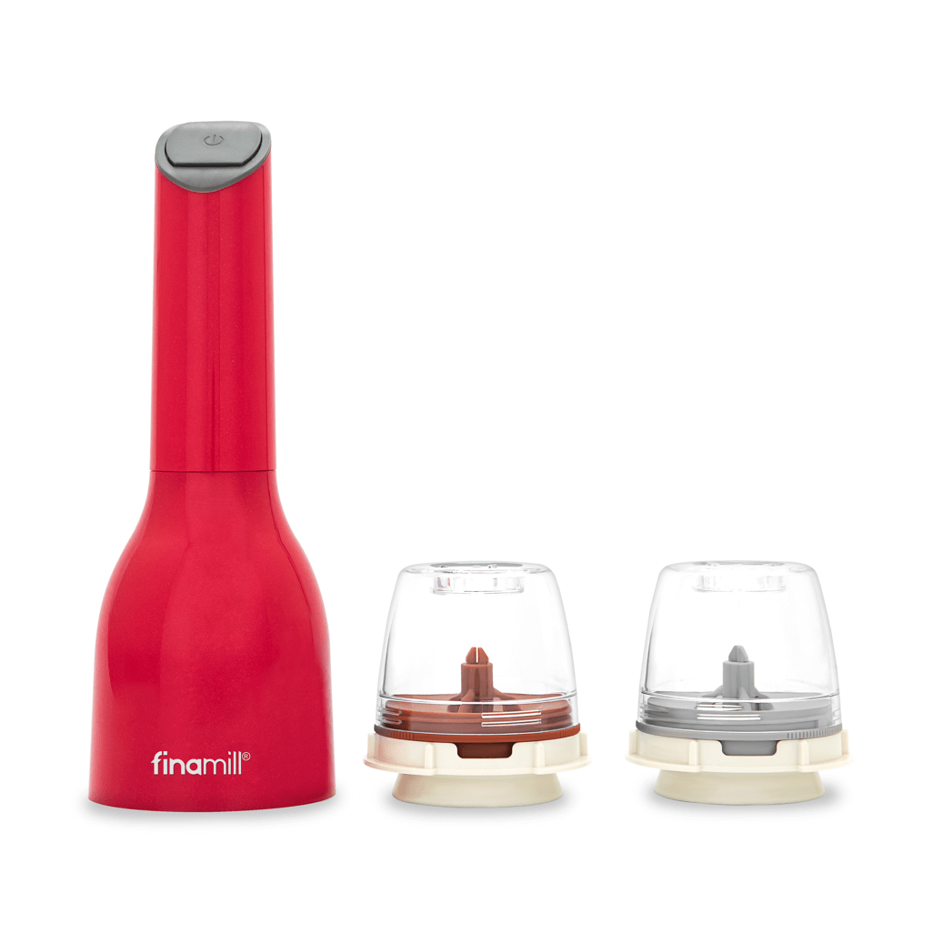 FINAMILL battery operated grinder in Sangria color with two removable grinding containers.