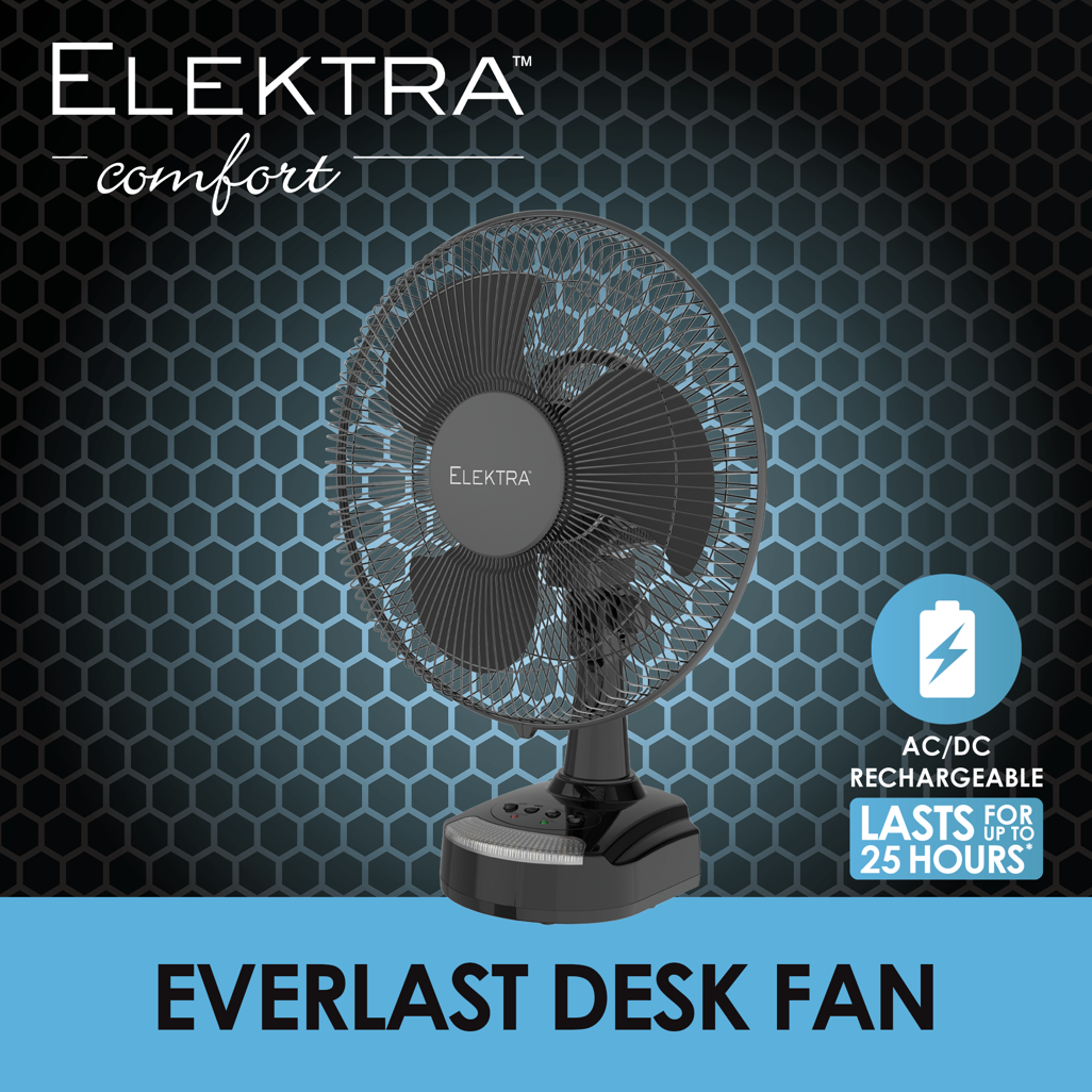 Elektra Everlast 12 inch desk fan with AC/DC rechargeable feature, lasts up to 25 hours for reliable cooling.