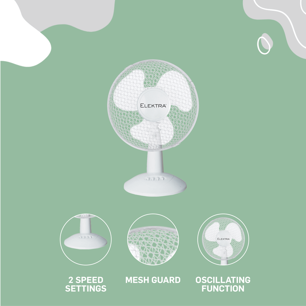 Elektra Desk Fan 30cm featuring 2-speed settings, mesh guard, and oscillating function on a green background.