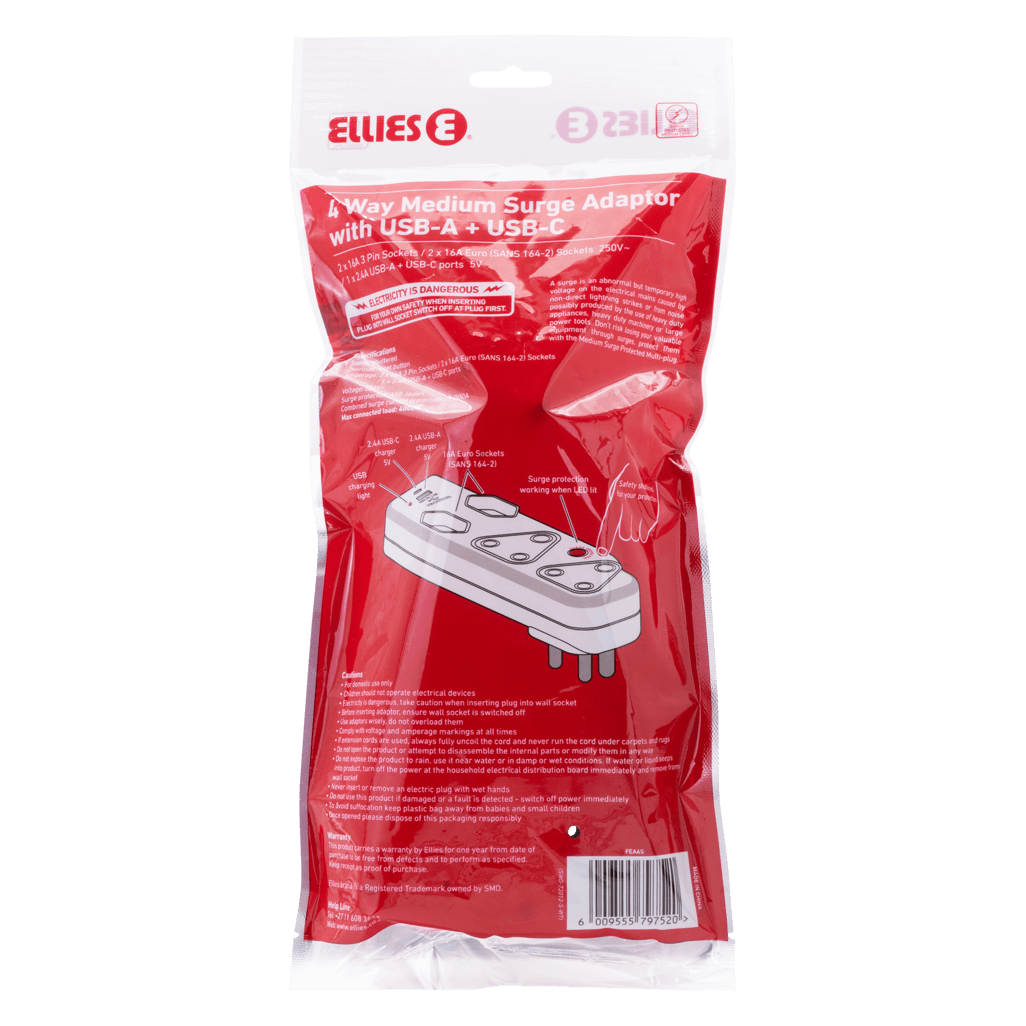 Ellies 4 Way Medium Surge adaptor with type C + USB