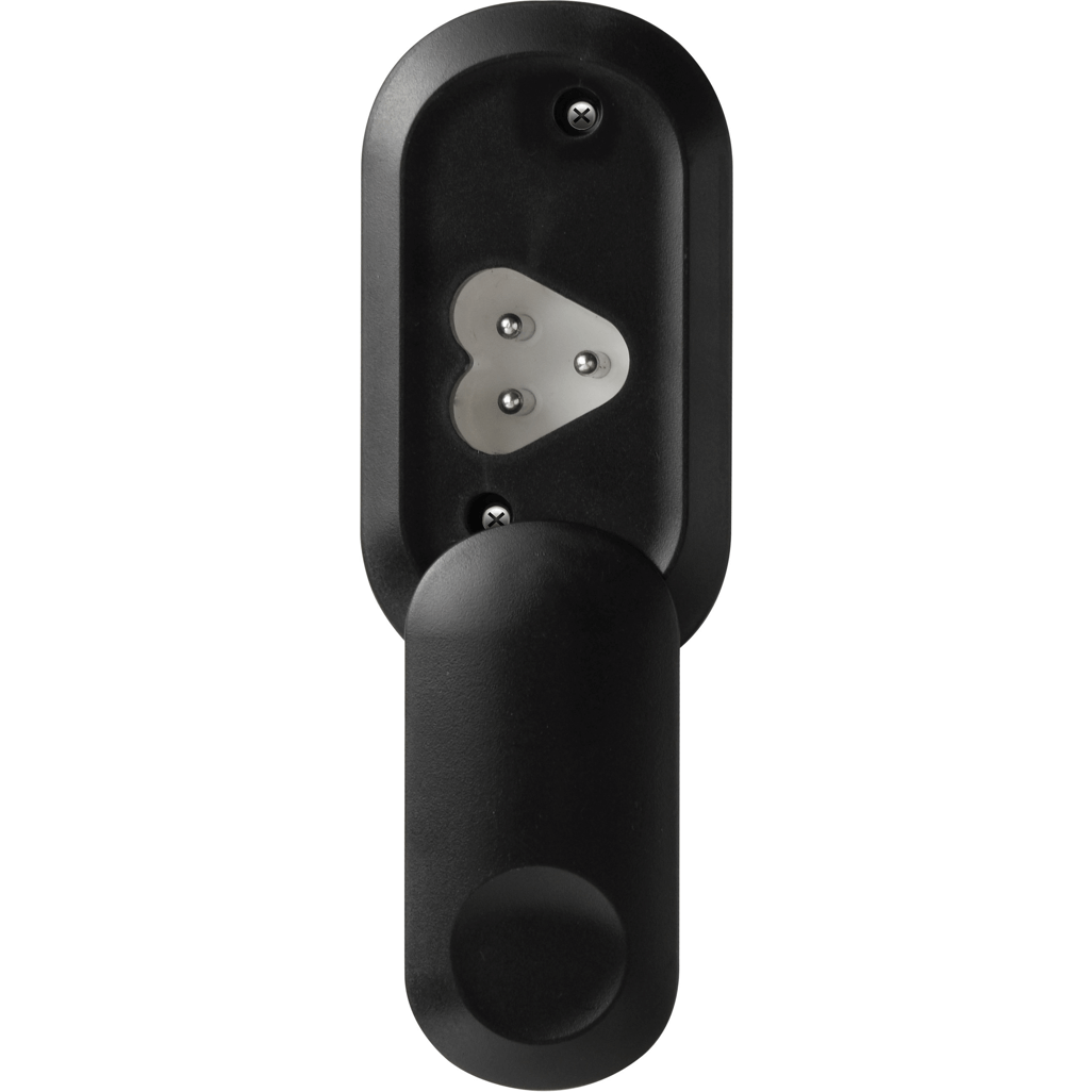 Black hot water bottle with ergonomic handle and metal insert for heating comfort.