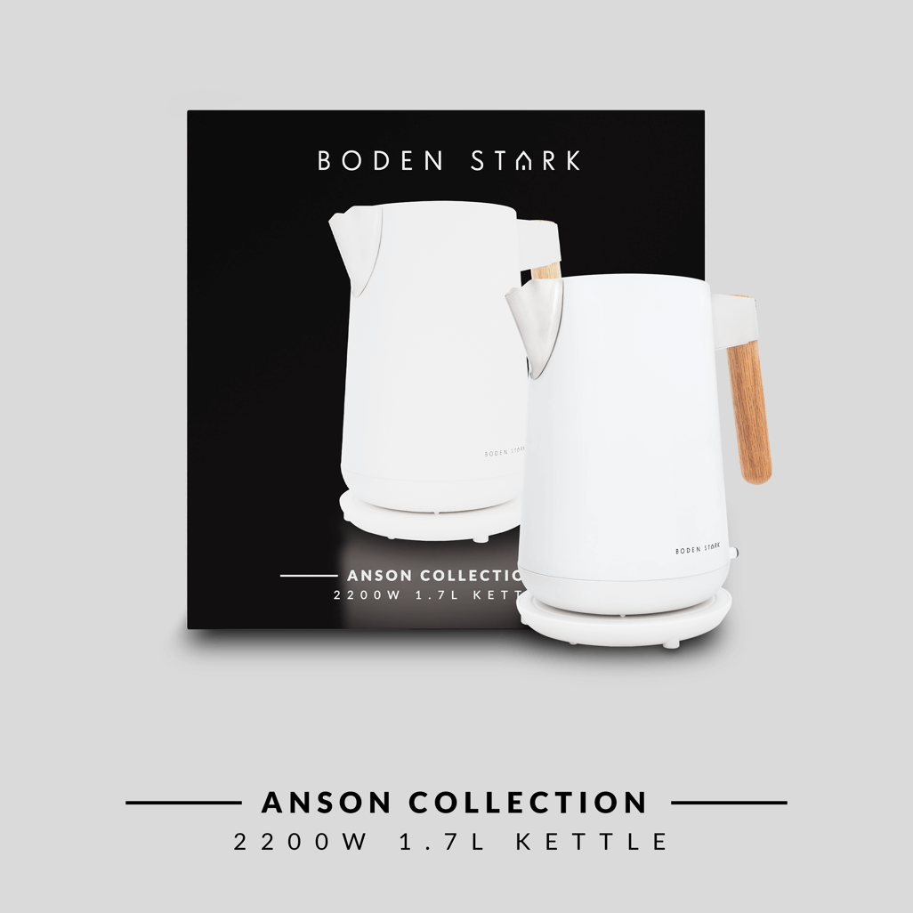 Boden Stark Anson Collection 1.7L kettle, 2200W, stylish white design with wooden handle.