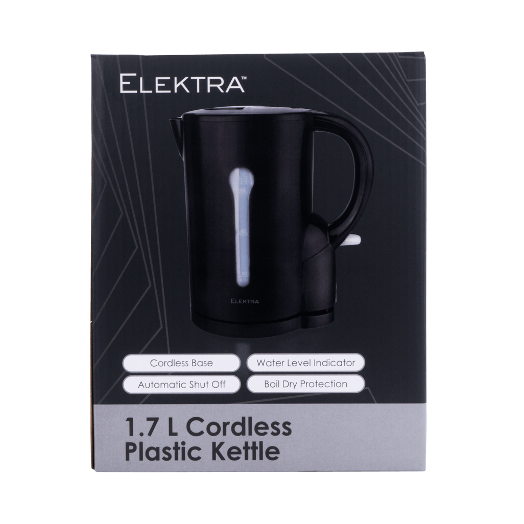 ELEKTRA 1.7L cordless plastic kettle with a water level indicator and safety features in black.