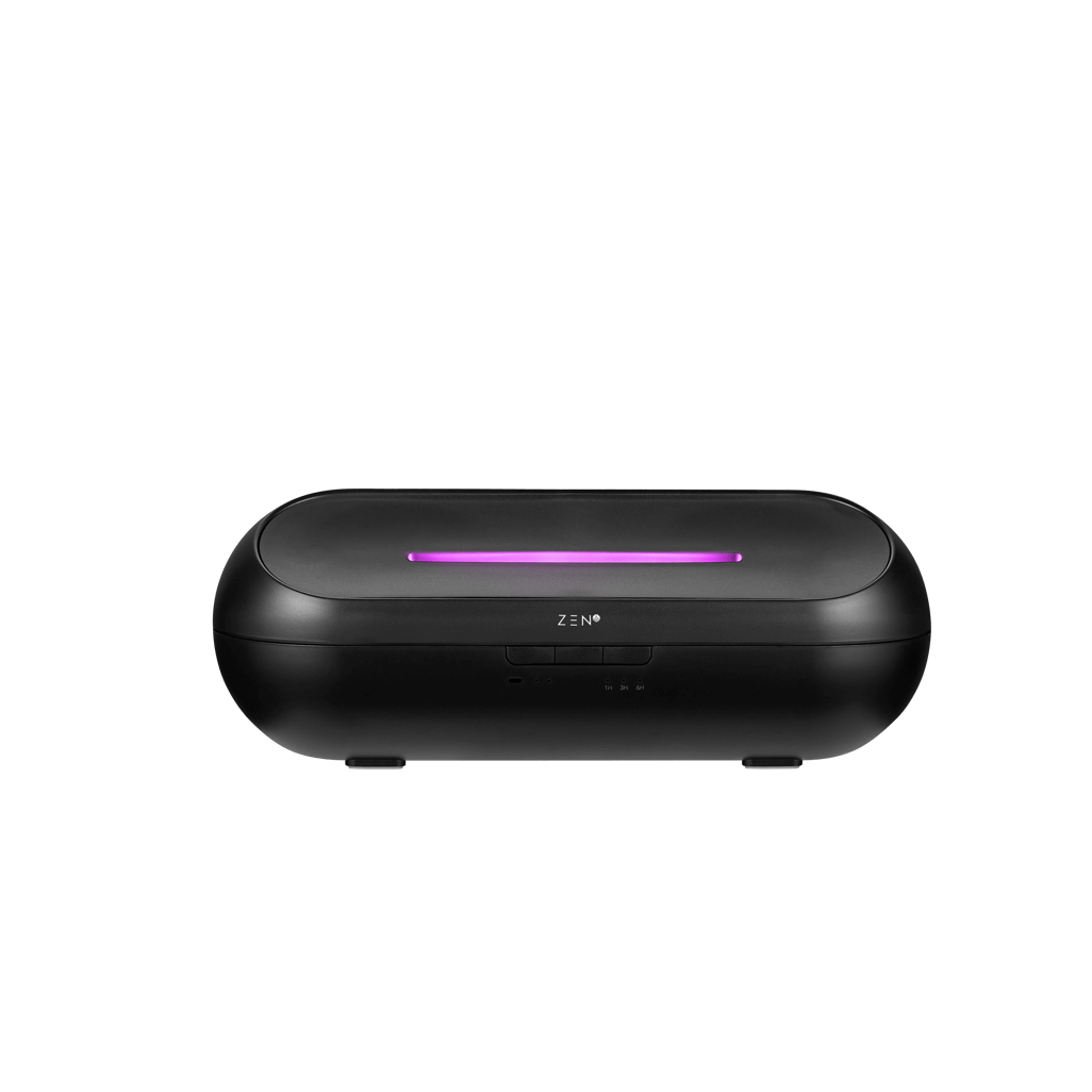 Zen Radiant Diffuser in sleek black design, featuring a stylish purple light for a calming atmosphere.