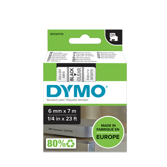 DYMO D1 Labelling Tape -  Removable Polyester - Black on Clear - 6mmx7m