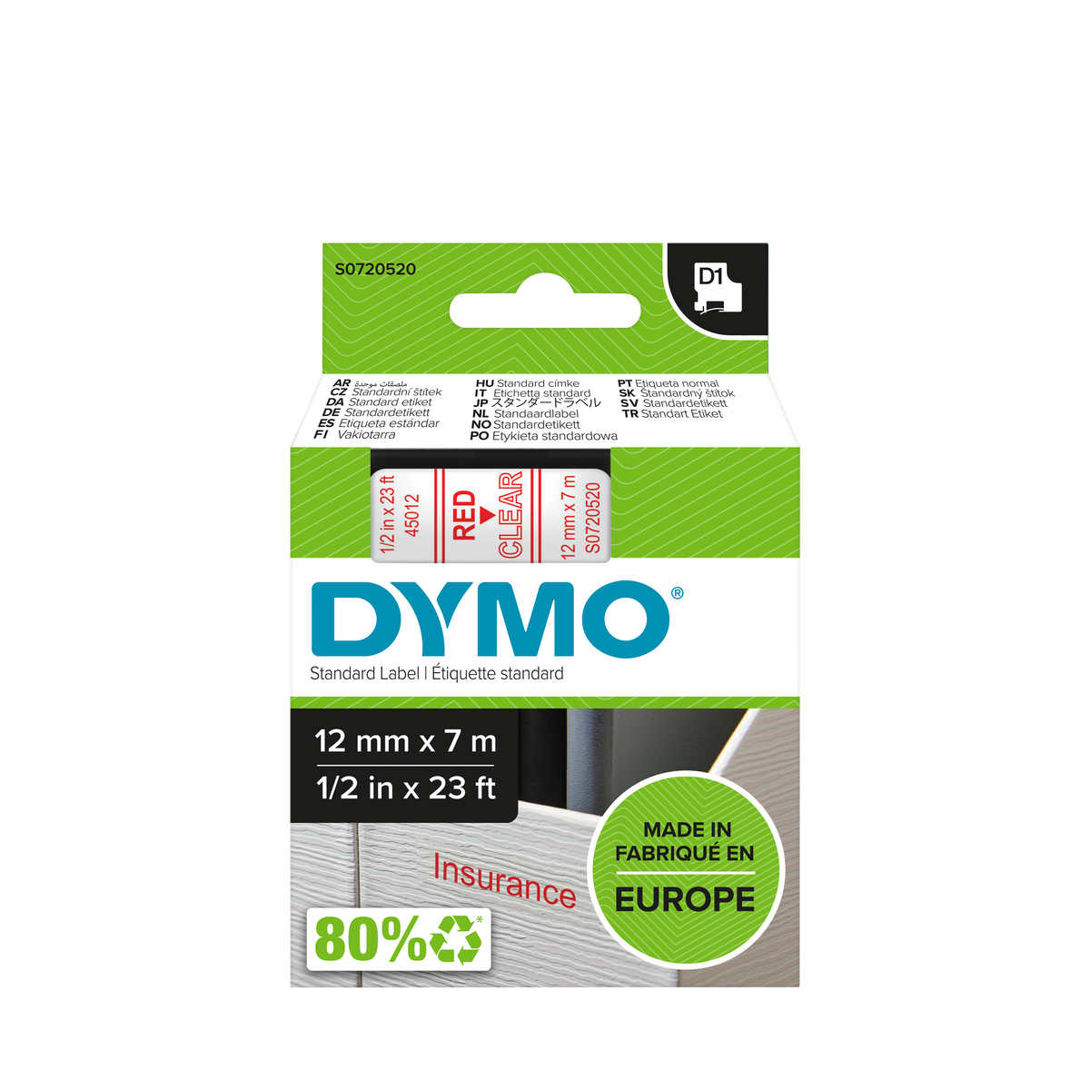 DYMO D1 Labelling Tape -  Removable Polyester - Red on Clear - 12mmx7m
