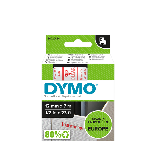 DYMO D1 Labelling Tape -  Removable Polyester - Red on Clear - 12mmx7m