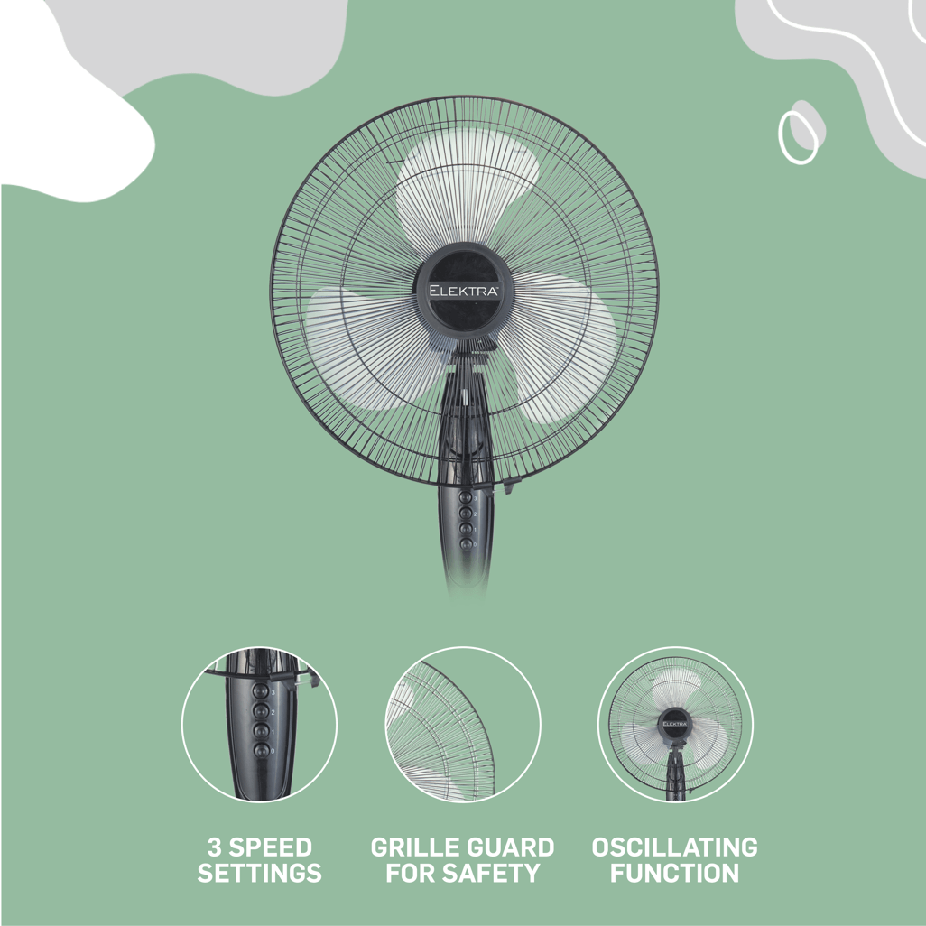 ELEKTRA stand fan with 3 speed settings and oscillating function for effective airflow and safety grille.