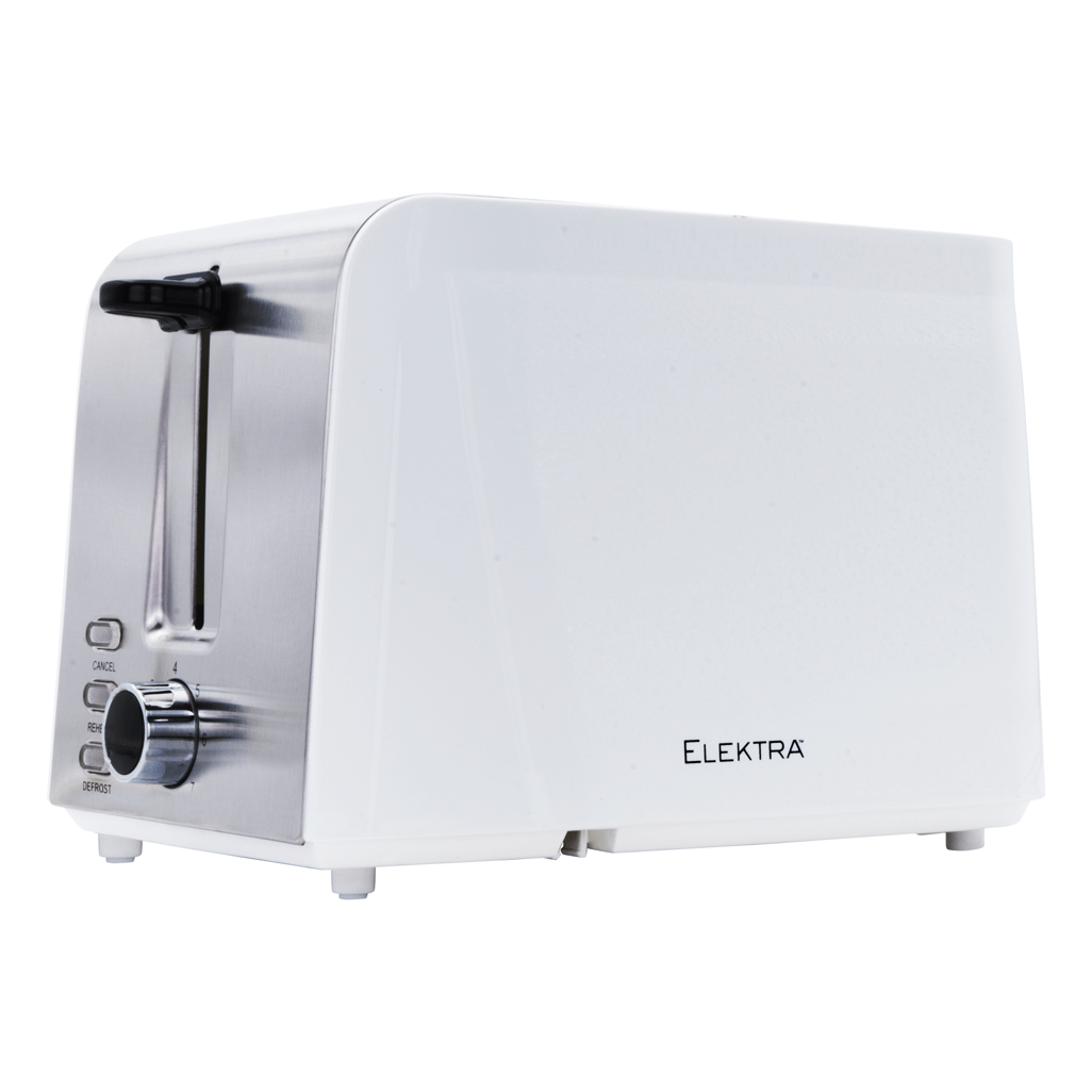 ELEKTRA 2 Slice Toaster in white with stainless steel accents for perfect toast every time.