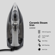 Boden Stark 2200W Ceramic Steam Iron with 420ml capacity, anti-drip, self-cleaning, and anti-calc features.