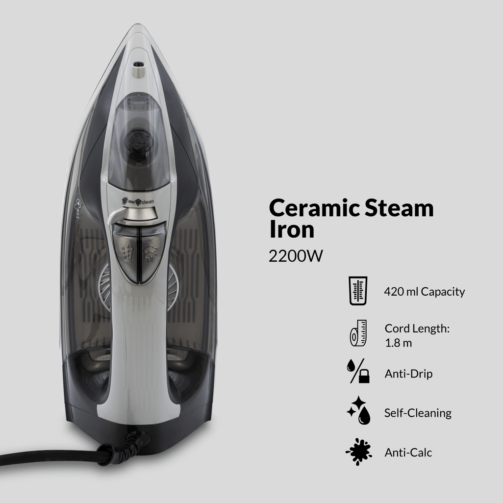 Boden Stark 2200W Ceramic Steam Iron with 420ml capacity, anti-drip, self-cleaning, and anti-calc features.