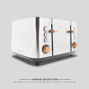 Boden Stark Anson Collection 4 Slice Stainless Steel Toaster with wooden knobs in sleek design.