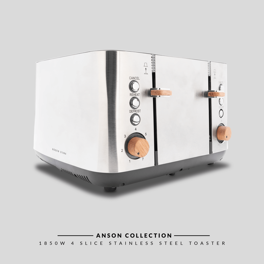 Boden Stark Anson Collection 4 Slice Stainless Steel Toaster with wooden knobs in sleek design.