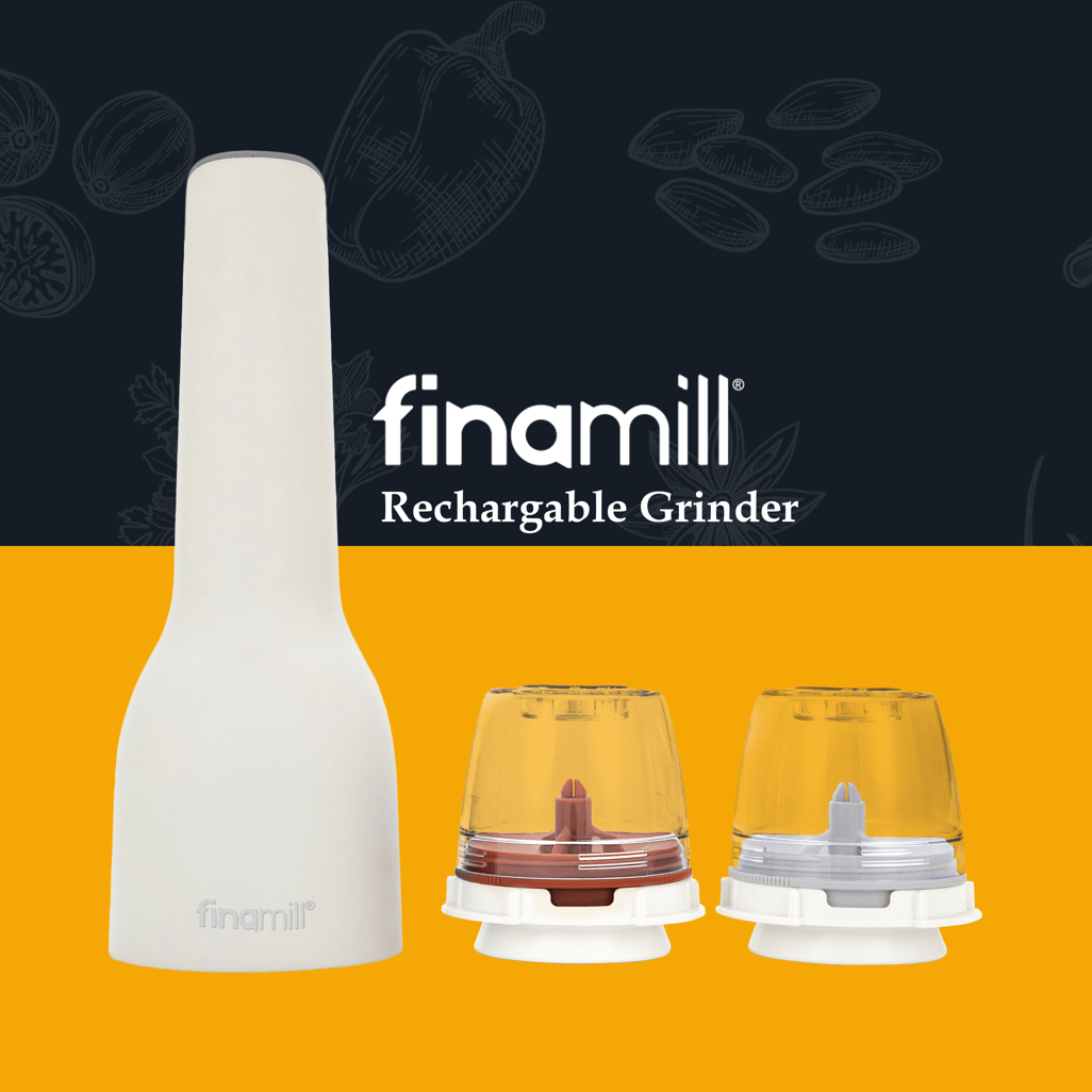 FINAMILL rechargeable grinder in soft cream with interchangeable spice containers for versatile grinding.