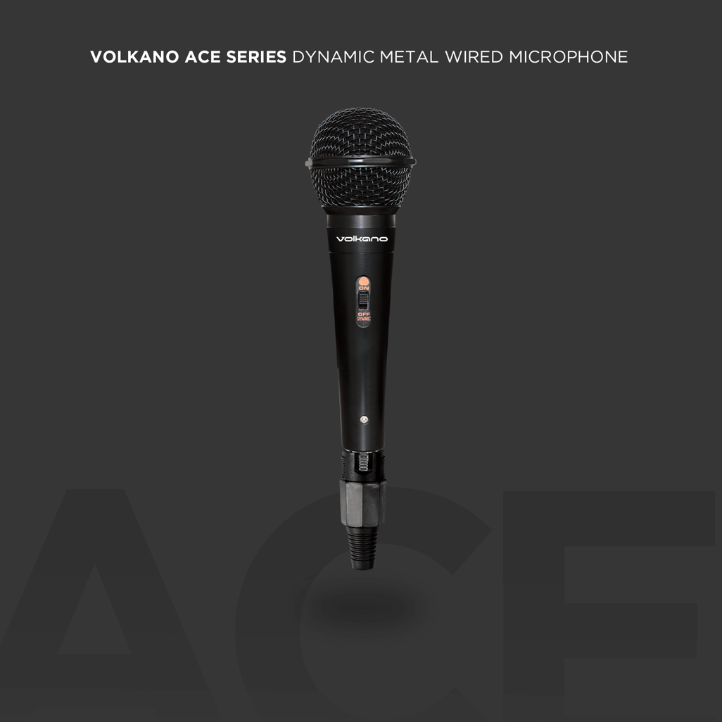 Volkano Ace series dynamic wired microphone in black, perfect for powerful vocal performances and live events.