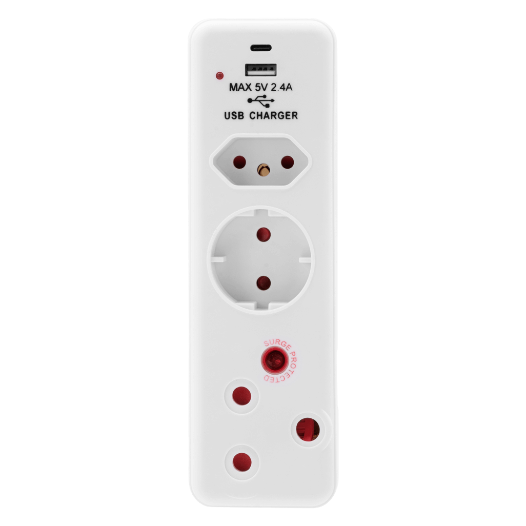 Ellies 3 Way Medium Surge adaptor Schuko,with type C + USB