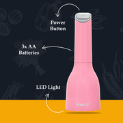 FINAMILL battery-operated grinder in pink, featuring power button, LED light, and 3x AA battery compartment.
