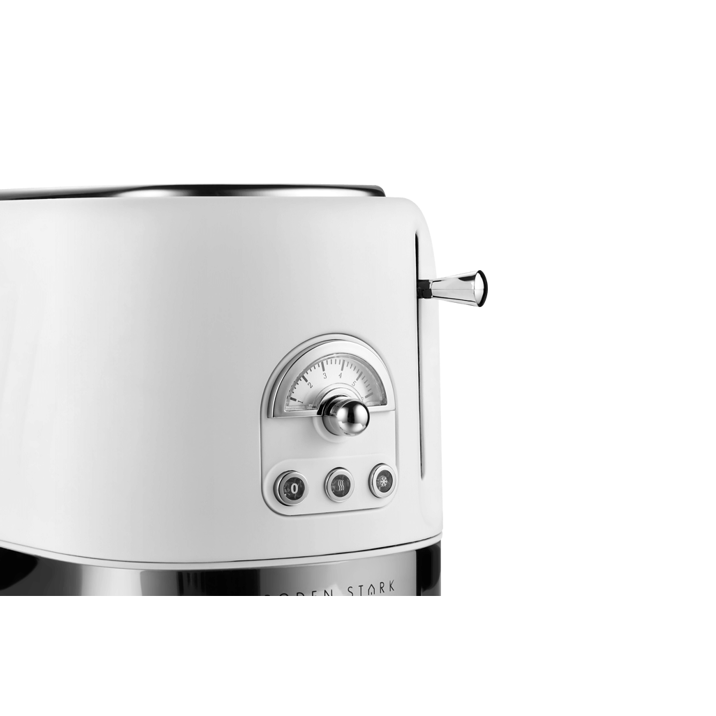 Boden Stark 2 Slice Stainless Steel Toaster in white, featuring adjustable browning control and a sleek design.