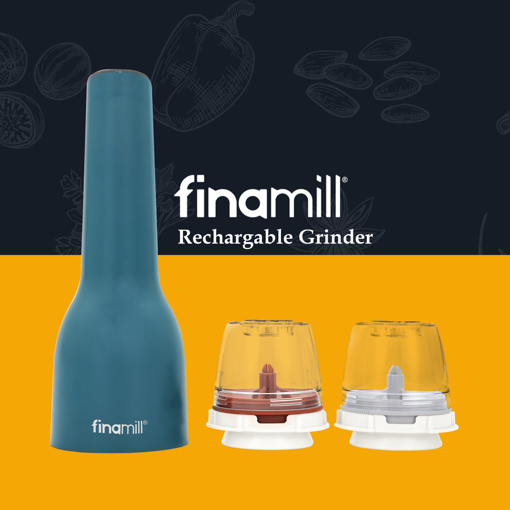 FINAMILL rechargeable grinder in Ocean Blue with interchangeable containers for spices and herbs.