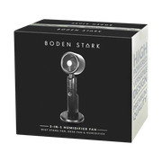 BODEN STARK 3-in-1 humidifier fan packaging, featuring mist stand and desk fan design, premium quality.