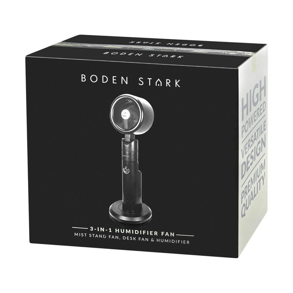 BODEN STARK 3-in-1 humidifier fan packaging, featuring mist stand and desk fan design, premium quality.