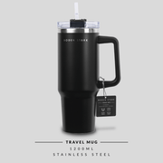 Boden Stark 1200ml Travel Mug in black, stainless steel, featuring a handle and a straw for easy sipping.