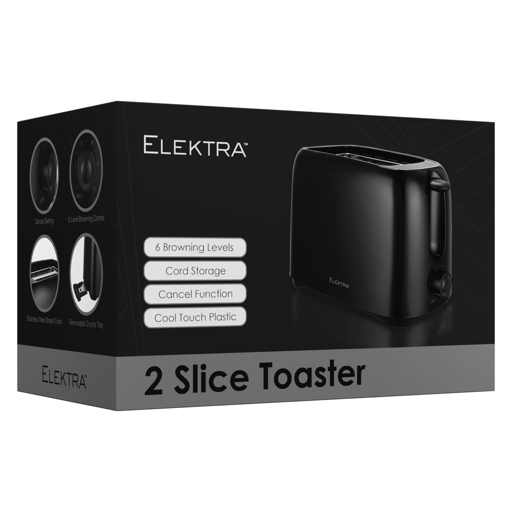 ELEKTRA Basic 700W Black 2 Slice Toaster box with features: 6 Browning Levels, Cord Storage, Cool Touch Plastic.