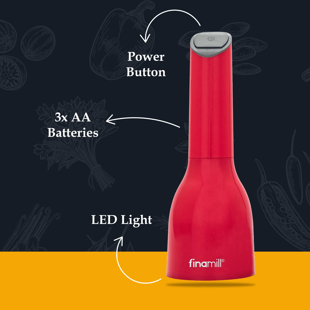 FINAMILL battery-operated grinder in Sangria color showcasing power button, LED light, and 3 AA battery compartment.
