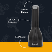 FINAMILL battery-operated grinder in Midnight Black with features: power button, 3x AA batteries, and LED light.