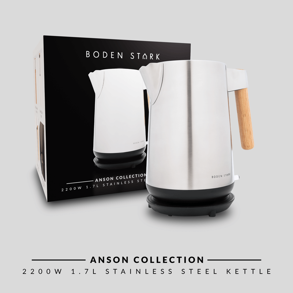 Boden Stark Anson Collection 1.7L 2200W stainless steel kettle with wooden handle on a black box.