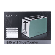 ELEKTRA 850W 2 Slice Toaster in green with 7 browning levels, cancel function, and removable crumb tray.