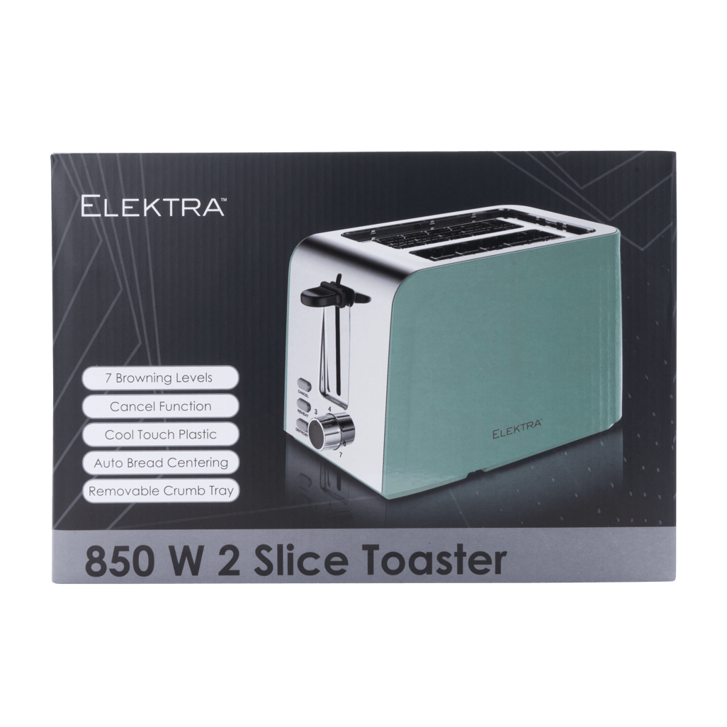 ELEKTRA 850W 2 Slice Toaster in green with 7 browning levels, cancel function, and removable crumb tray.