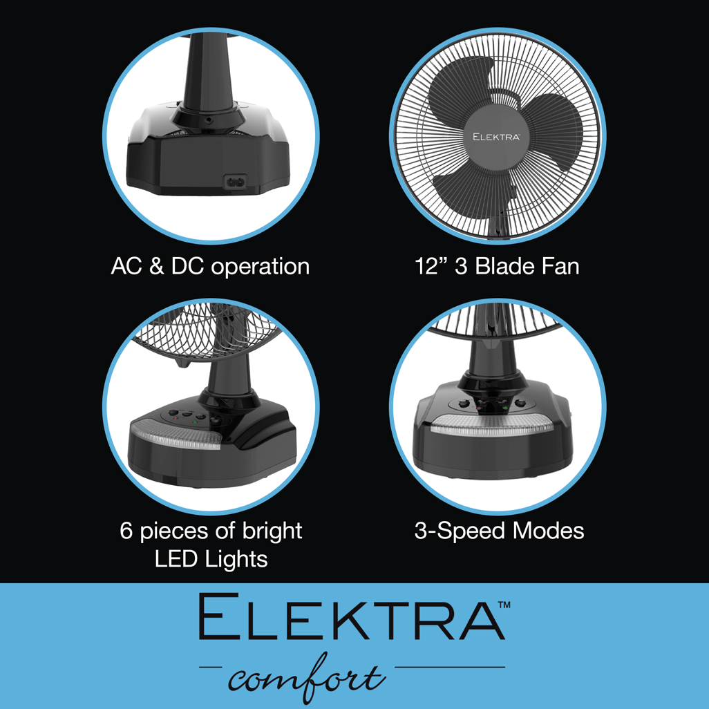 Elektra Everlast 12 inch desk fan features AC & DC operation, 3-speed modes, and bright LED lights for optimal comfort.