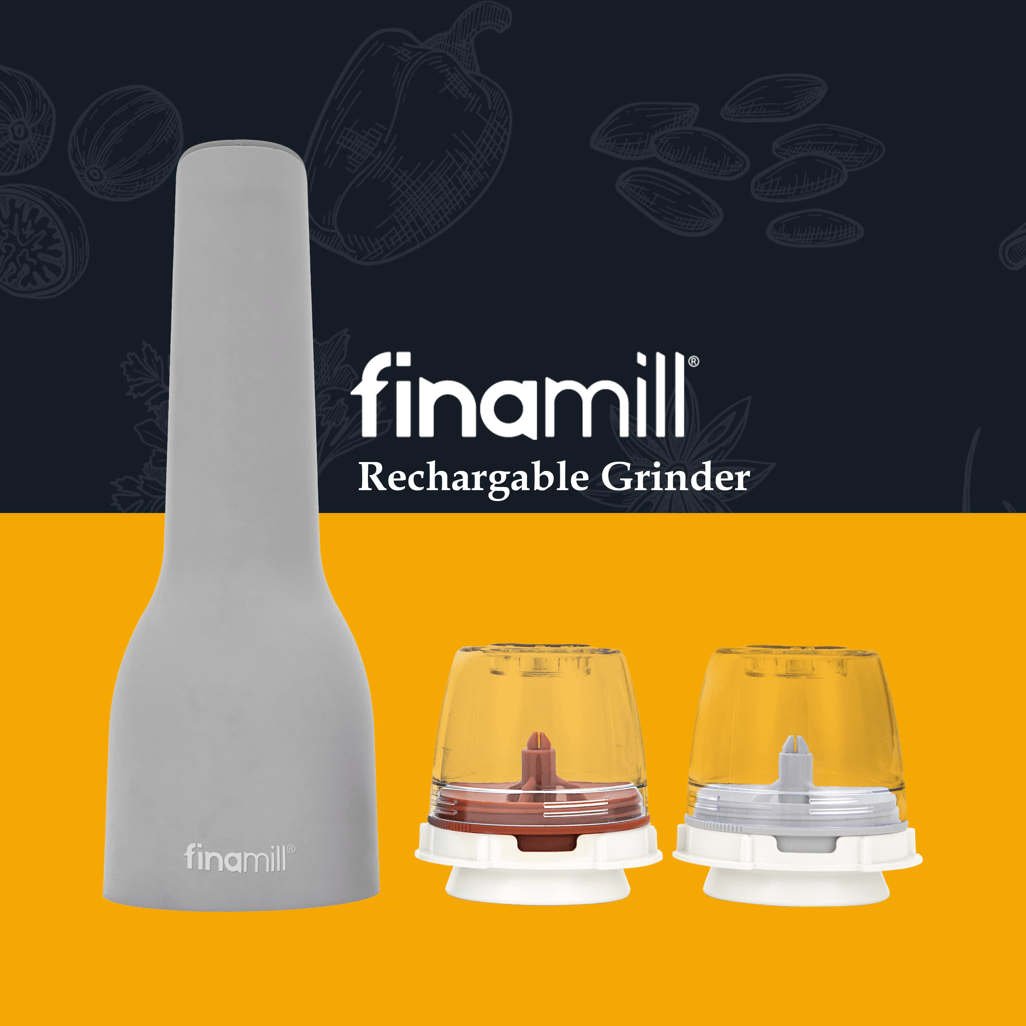 FINAMILL rechargeable grinder with interchangeable containers for spices and herbs, ideal for precise grinding.