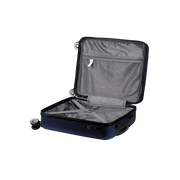 Open Travelwize Maple ABS 65cm spinner luggage in navy, showing spacious interior and organized compartments.
