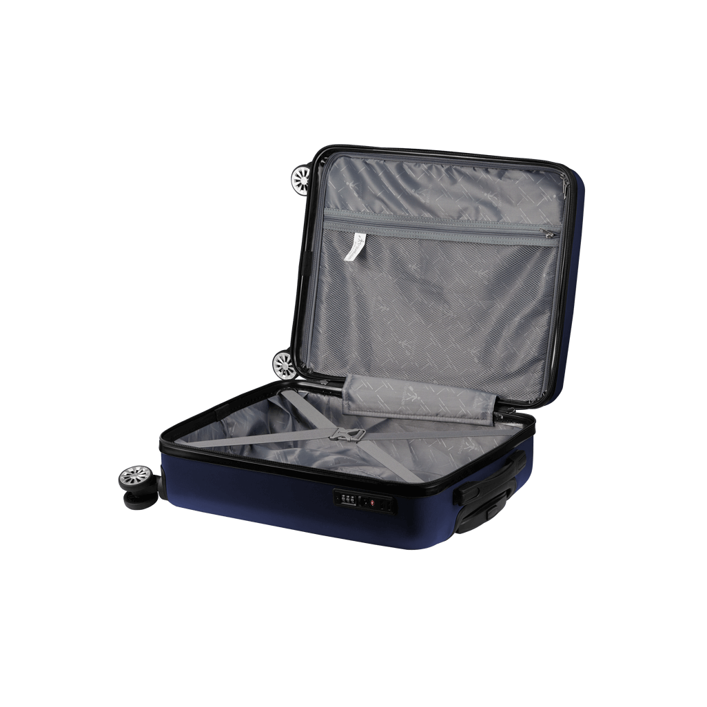 Open Travelwize Maple ABS 65cm spinner luggage in navy, showing spacious interior and organized compartments.