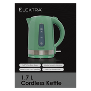 Elektra 1.7L cordless kettle in green with a 360° base and water level indicator.