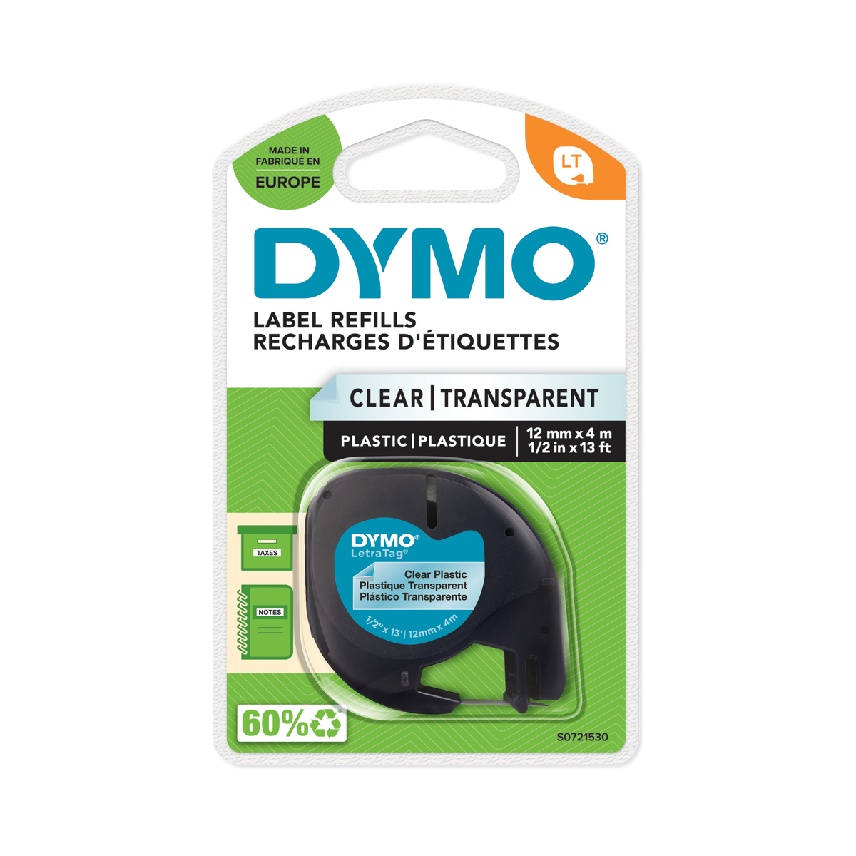 DYMO LETRATAG TAPE 12MMX4M BLACK ON CLEAR
