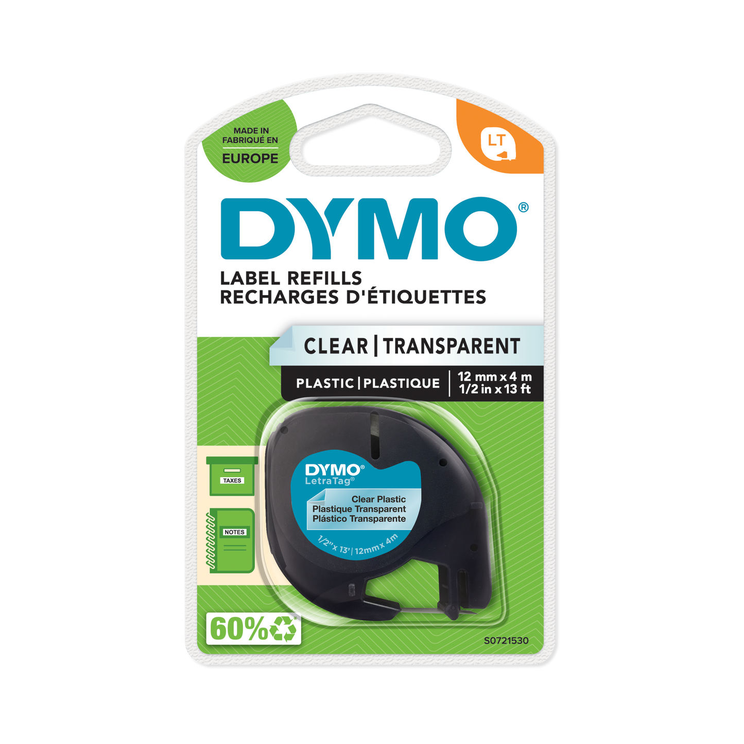 DYMO LETRATAG TAPE 12MMX4M BLACK ON CLEAR