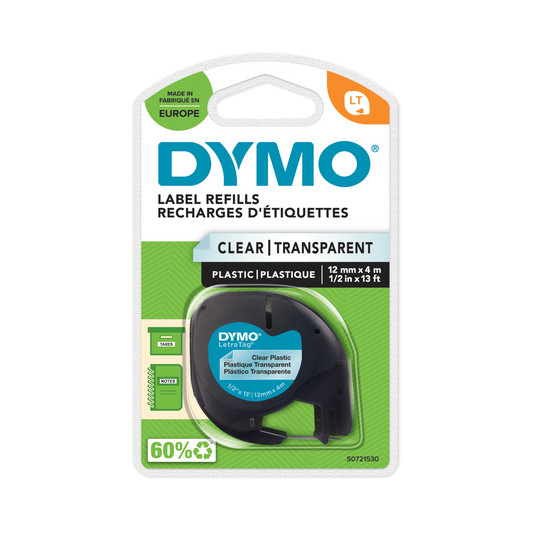 DYMO LETRATAG TAPE 12MMX4M BLACK ON CLEAR