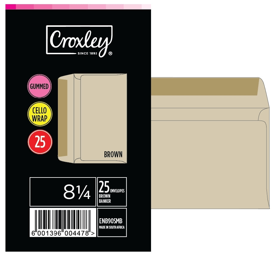CROXLEY JD 90SMB 8¼ Brown Gummed Envelopes - Cello 25's (Box of 500)