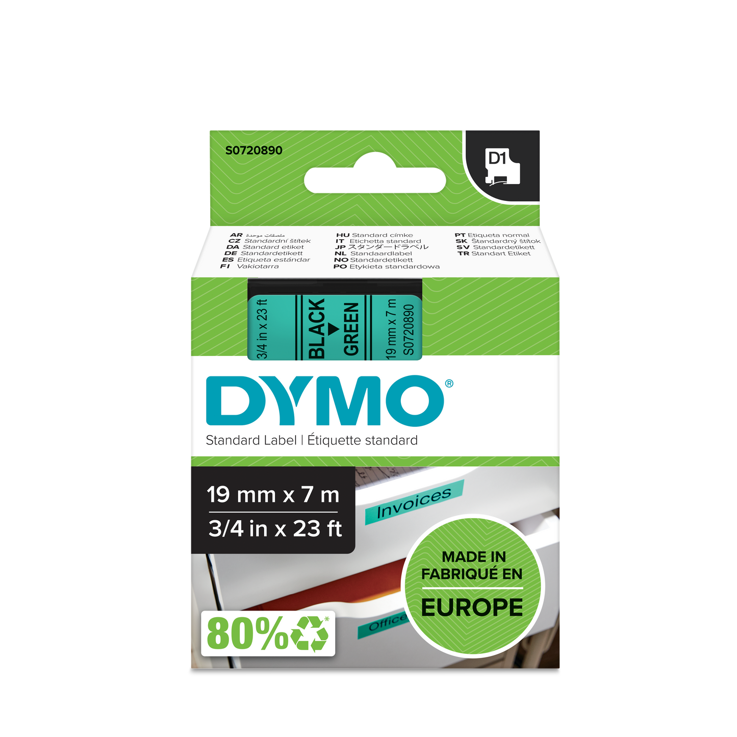 DYMO D1 Labelling Tape -  Removable Polyester - Black on Green 19mmx7m