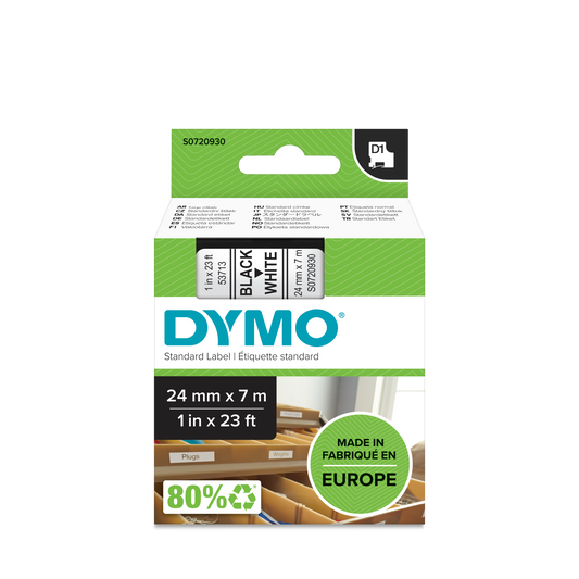 DYMO D1 Labelling Tape -  Removable Polyester - Black on White - 24mmx7m