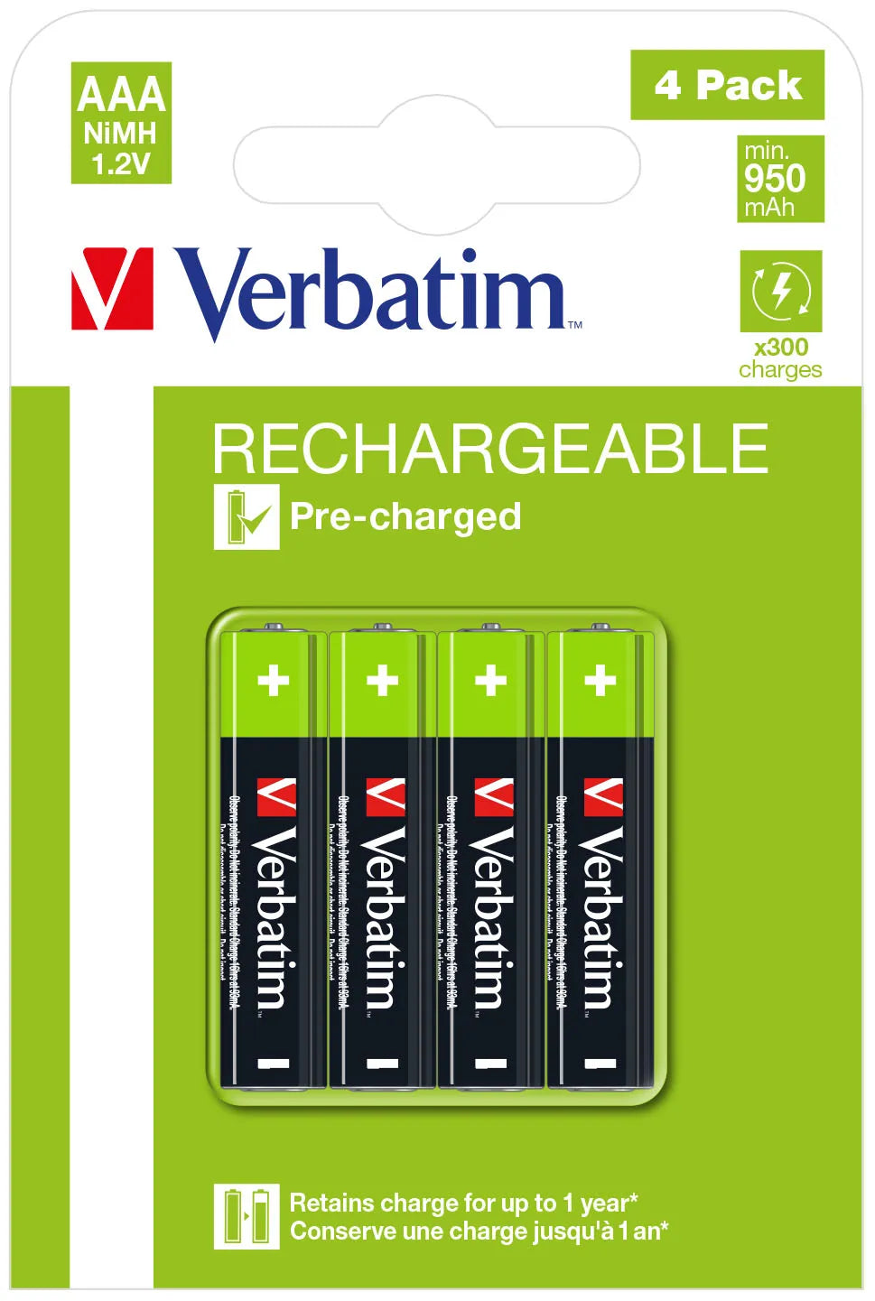 VERBATIM AAA PREMIUM RECHARGEABLE BATTERIES 4 PACK