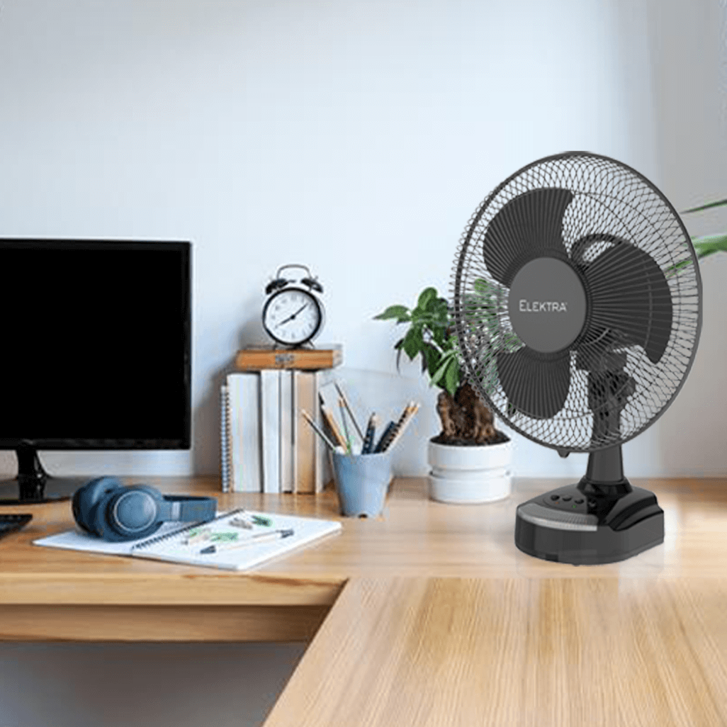 ELEKTRA EVERLAST 12 inch desk fan on a wooden desk with a computer, clock, and plants in a stylish office setting.