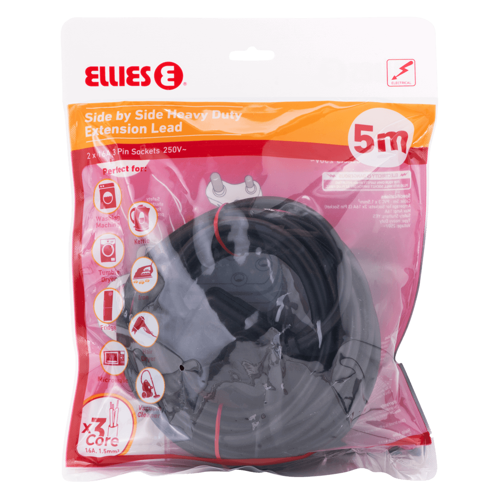 Ellies Side by Side Heavy Duty Extension Lead-5M-BK
