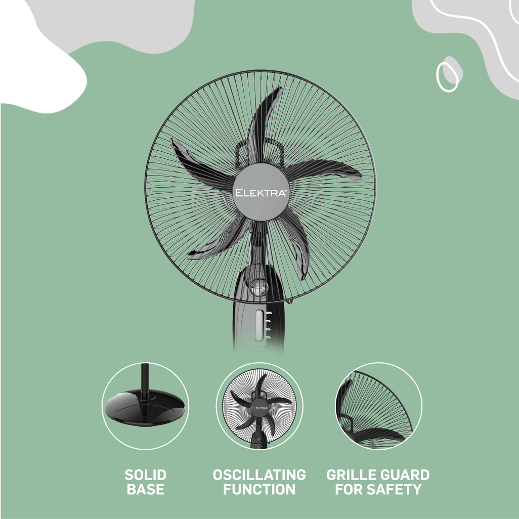 Front view of ELEKTRA 2707 EVERLAST+ Stand Fan with oscillating function and grille guard for safety.