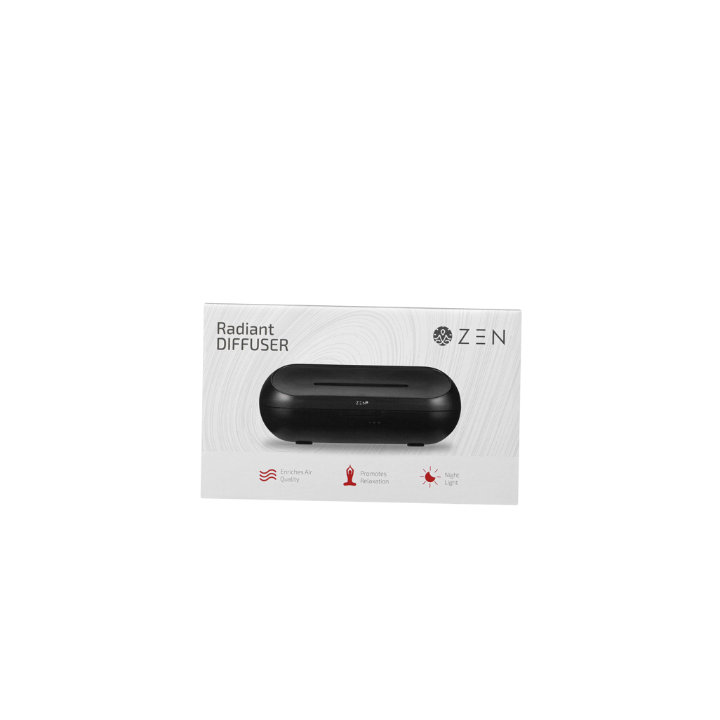 Zen Radiant Diffuser in black, elegantly packaged for aromatherapy and home fragrance.