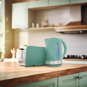ELEKTRA green 2 slice toaster and kettle on a kitchen countertop, showcasing sleek design and functionality.