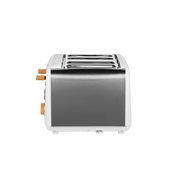 Boden Stark Anson Collection 4-slice toaster in stainless steel with red oak knobs and sleek design.